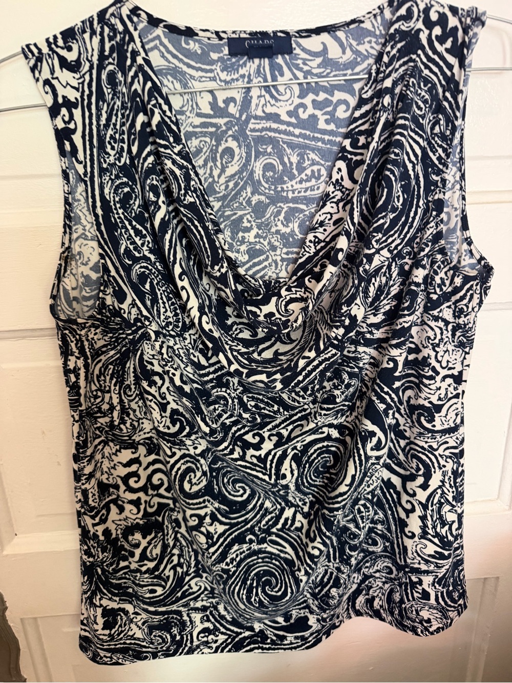 Chalet Sleeveless Cowl Neck Print Top in Black and White